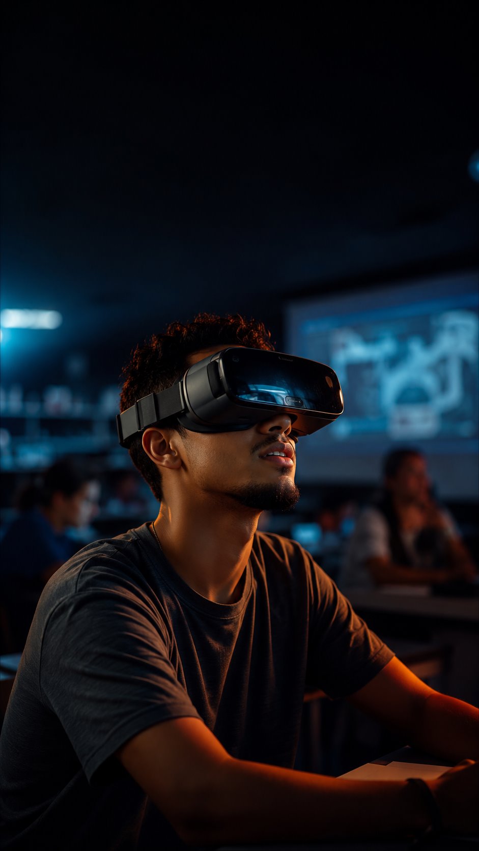 Estudante usando óculos de realidade virtual Lince VR